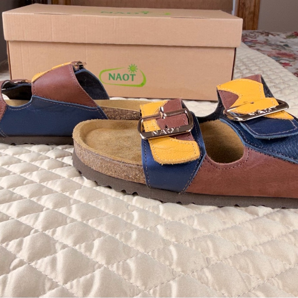 Naot San Diego Slide Sandals in Brown, Mustard, and Navy, Size 7/38 EU, NWB - Picture 7 of 14